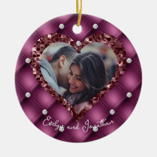 Heart Frame Custom Photo Merlot with Diamonds Ceramic Ornament