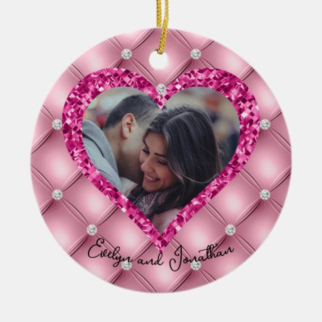 Heart Frame Custom Photo Pink Cushion & Diamonds Ceramic Ornament (Front)
