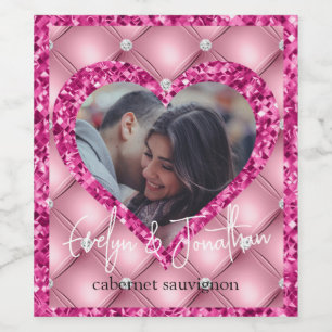 Heart Frame Custom Photo Pink Cushion & Diamonds W Wine Label
