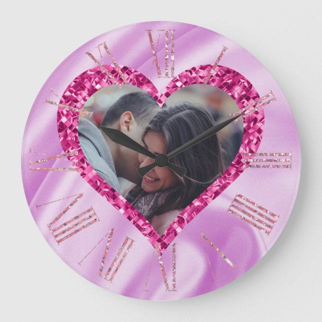 Heart Frame Custom Photo Pink Silk & Diamonds Large Clock (Front)