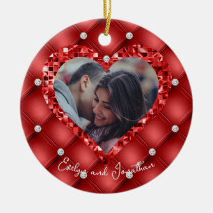 Heart Frame Custom Photo Red Cushion & Diamonds Ceramic Ornament