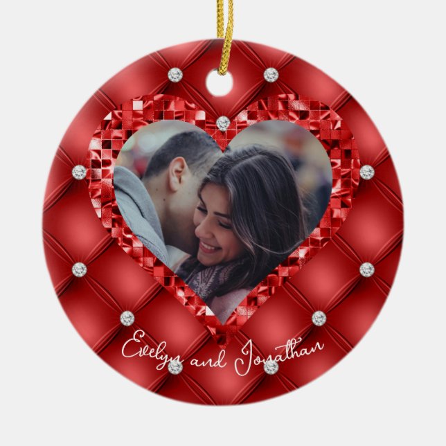 Heart Frame Custom Photo Red Cushion & Diamonds Ceramic Ornament (Front)