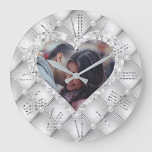 Heart Frame Custom Photo White & Silver Diamonds Large Clock