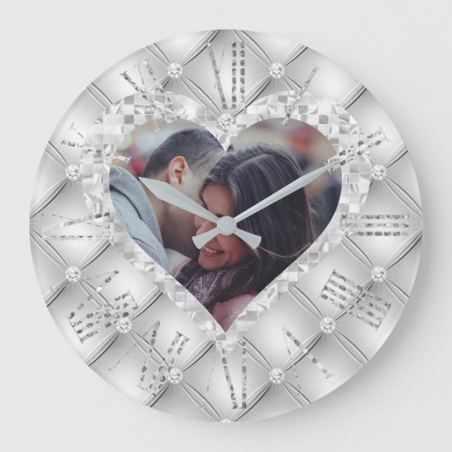 Heart Frame Custom Photo White & Silver Diamonds Large Clock (Front)