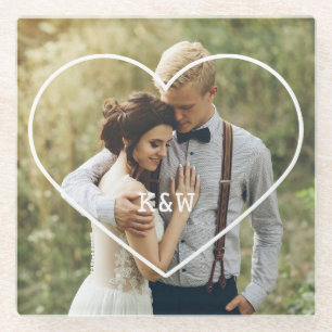 Heart Frame Modern Monogram Photo Glass Coaster