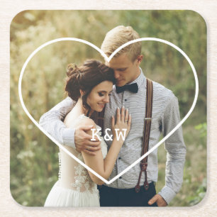 Heart Frame Modern Monogram Photo Square Paper Coaster
