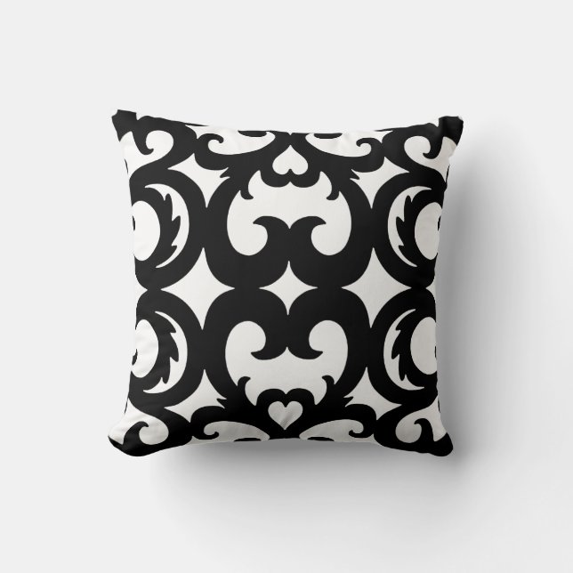 Heart Fretwork Scroll Pattern in Black and White Cushion (Front)