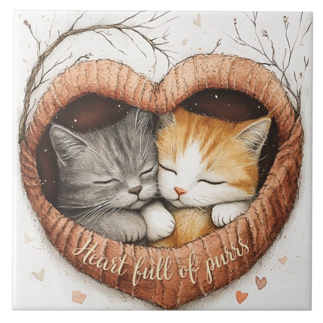 Heart Full of Purrs Cat Cuddles Illustration Art  Ceramic Tile (Front)