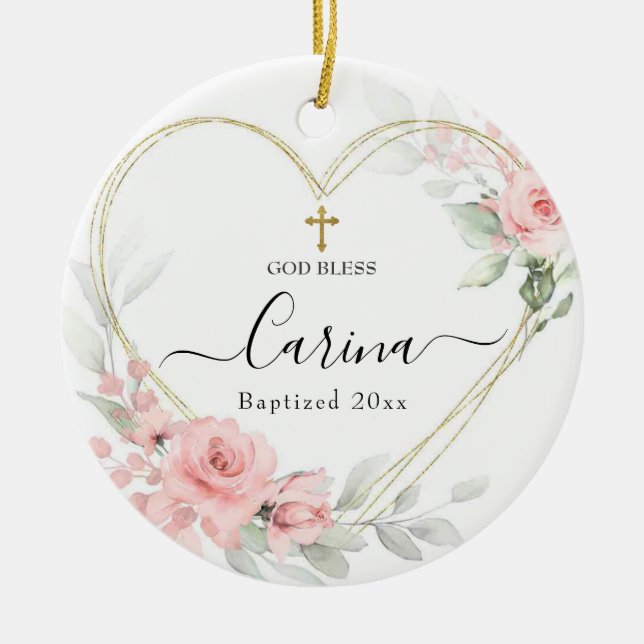 Heart Geometric Blush Pink Floral Baptised Ceramic Ornament (Front)