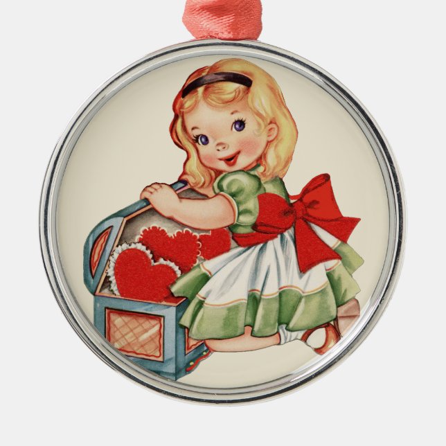 Heart Girl Child Retro Cute Children Metal Ornament (Front)