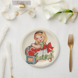 Heart Girl Child Retro Cute Children Paper Plate