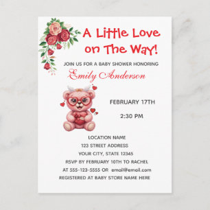 Heart Glasses Teddy Bear Pink Baby Shower Invite Postcard