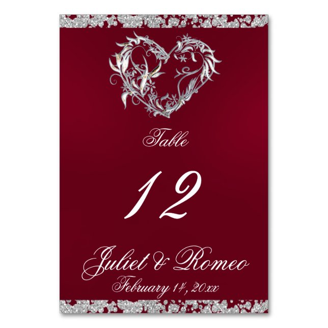 Heart & Glitter - Burgundy Table Number (Front)