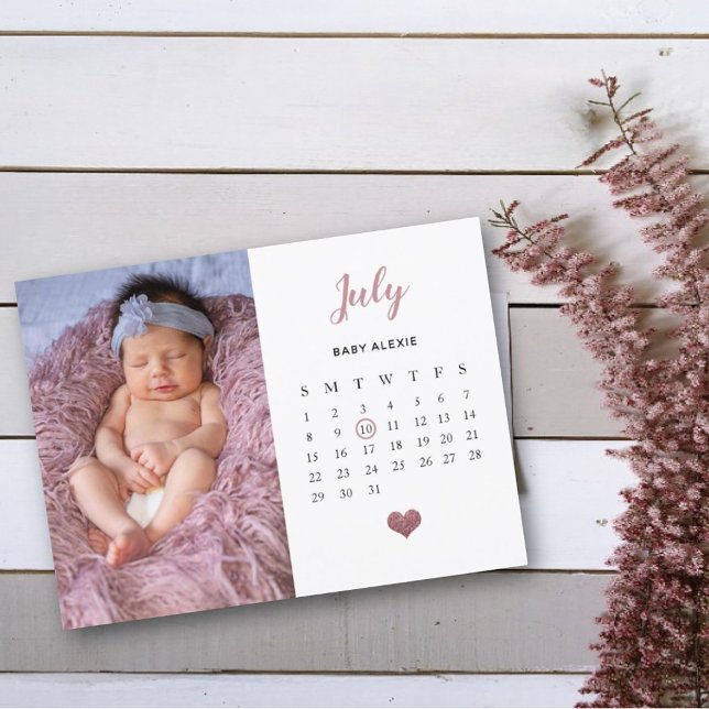 heart glitter photo calendar new baby birth announcement postcard (Creator Uploaded)