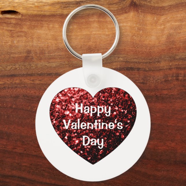Heart Glitter sparkles Happy Valentine's Day white Key Ring (Front)