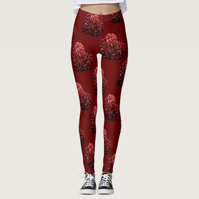 Heart glitter sparkles pattern dark red Valentines Leggings (Front)