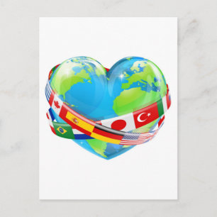 Heart globe with flags postcard