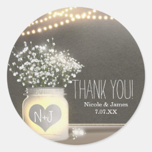 Heart Glowing Mason Jar & Baby's Breath Wedding Classic Round Sticker