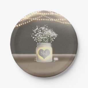 Heart Glowing Mason Jar & Baby's Breath Wedding Paper Plate