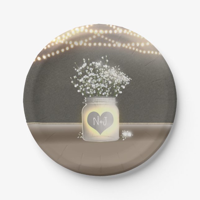 Heart Glowing Mason Jar & Baby's Breath Wedding Paper Plate (Front)