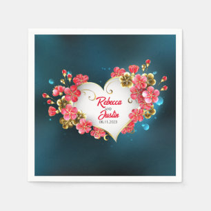 Heart Gold Red Sakura Floral Modern Boho Napkin