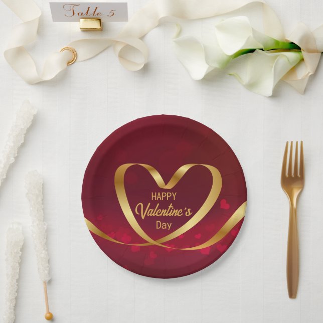 Heart Gold Ribbon Happy Valentine's Day Red Paper Plate (Wedding)