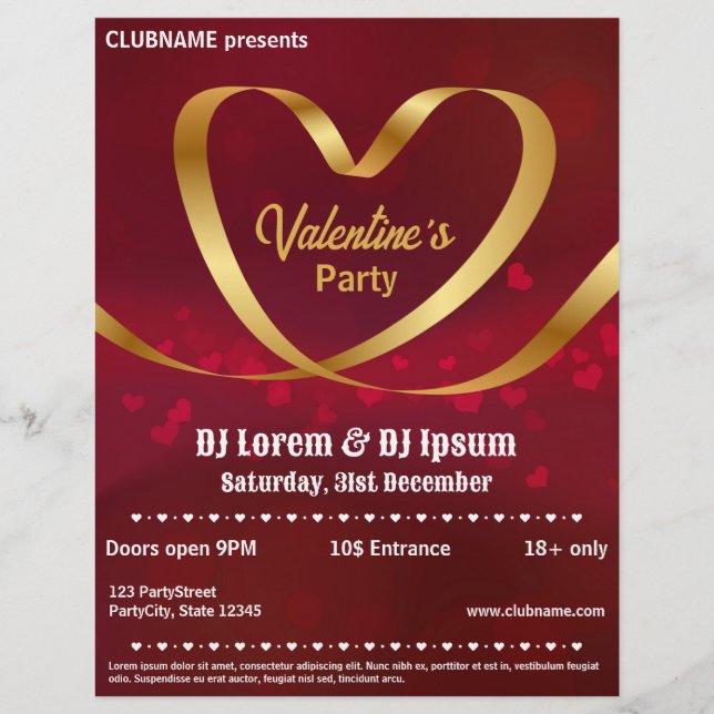 Heart Gold Ribbon Red Valentine's Party Flyer (Front)