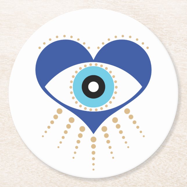 Heart Greek Evil Eye Round Paper Coaster (Front)