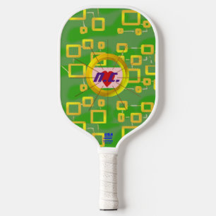 Heart Green and Yellow Squares Pickleball Paddle