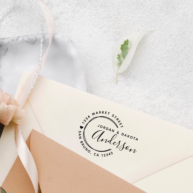Heart & Hand-drawn Lines Newly Weds Return Address Rubber Stamp (Creator Uploaded)