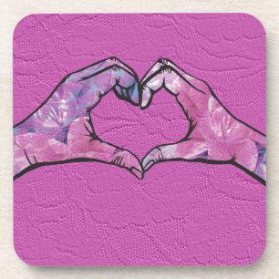 Heart Hands on Pink Lace Background Coaster
