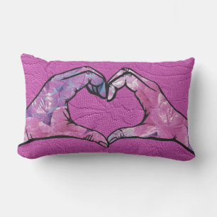Heart Hands on Pink Lace Background Lumbar Cushion