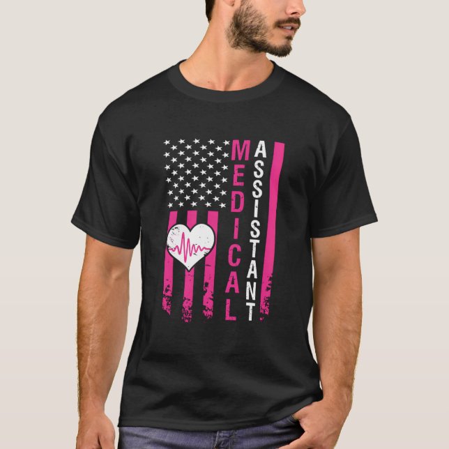 Heart Heartbeat Pink American Flag - Medical Assis T-Shirt (Front)