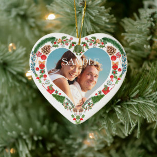 Heart Holiday Wreath Photo Template Ceramic Ornament