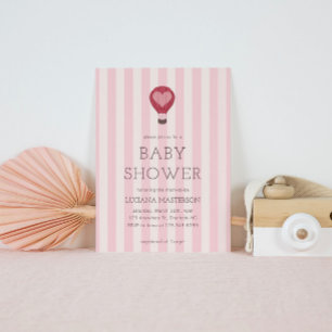 Heart Hot Air Balloon Pastel Pink Baby Shower Invitation