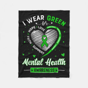 Heart I Wear Green For Mental Health Awareness Mon Fleece Blanket