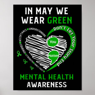 Heart I Wear Green For Mental Health Awareness Mon Poster