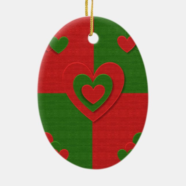 Heart in Christmas Colours Red Green Felting Look Ceramic Ornament (Back)