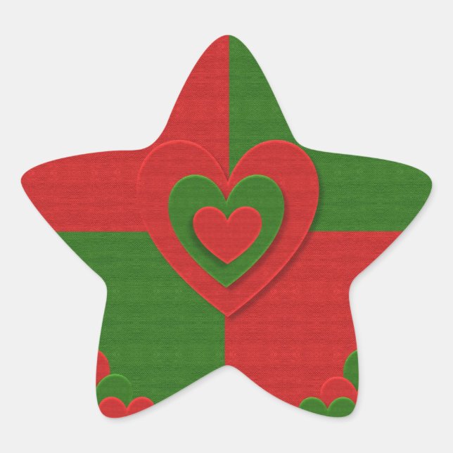 Heart in Christmas Colours Red Green Felting Look Star Sticker (Front)