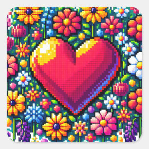 Heart in Flowers Pixel Art  Square Sticker