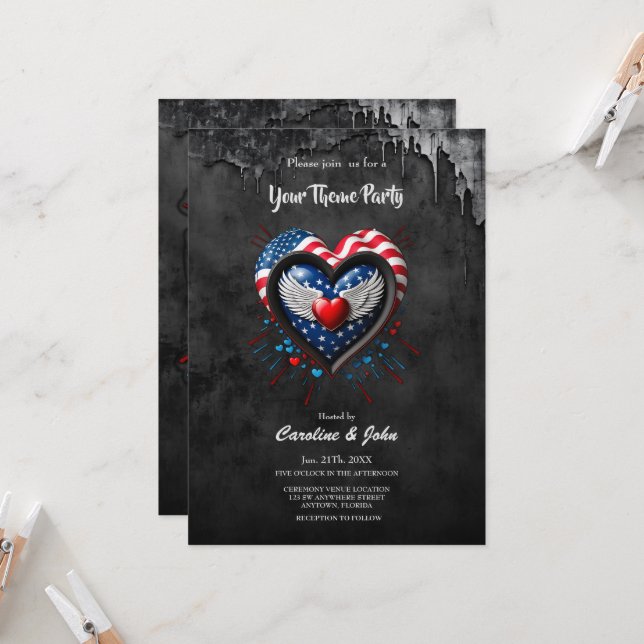 Heart in the colours of the American flag.  Invitation (Front/Back In Situ)