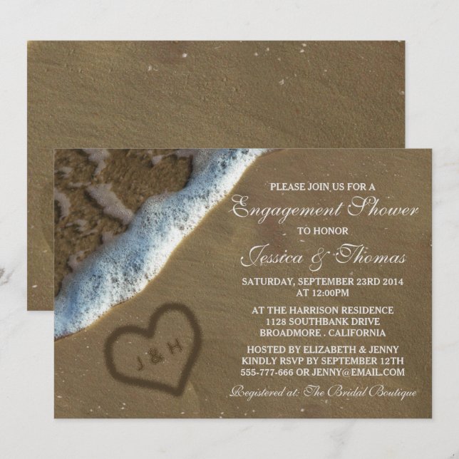 Heart In The Sand Beach Engagement Shower Invitation (Front/Back)
