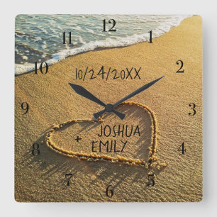 Heart in the Sand Beach Shore Tropical Ocean View Square Wall Clock