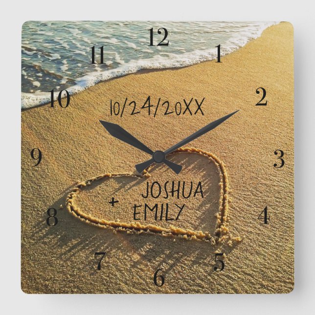 Heart in the Sand Beach Shore Tropical Ocean View Square Wall Clock (Front)