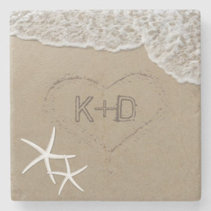 Heart in the Sand Starfish Summer Beach Wedding Stone Coaster