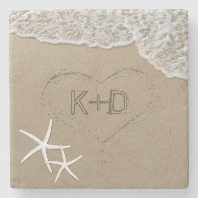 Heart in the Sand Starfish Summer Beach Wedding Stone Coaster (Front)