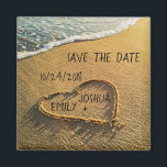 Heart in the Sand Tropical Beach Save the Date Magnet<br><div class="desc">A beautiful, unique, custom, personalised design features a romantic summer tropical beach island background with a heart written, drawn in the sand along the blue ocean water to signify love and romance. Personalise this great item with the bride and groom names and wedding date. What a great way to Save...</div>