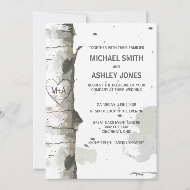 Heart In Tree with Initials Wedding Invitations (Front)