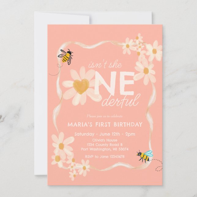 Heart Isn't she ONEderful Daisy First Birthday  Invitation (Front)