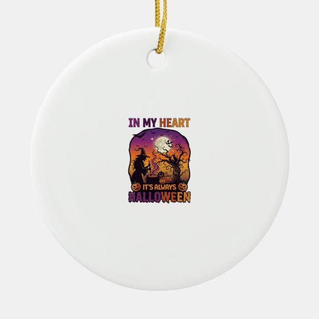 Heart Its Always Halloween Witch Cauldron Tree Moo Ceramic Ornament (Front)